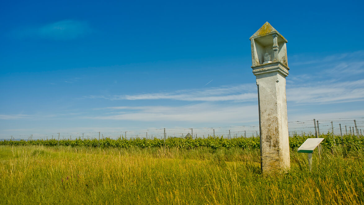 Alte Betonstatue in einem grünen Feld mit gelben Blumen