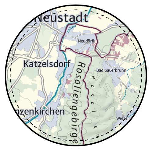 Ein runder Ausschnitt aus einer Karte mit einem schwarzen Rahmen auf dem Katzelsdorf zu sehen ist