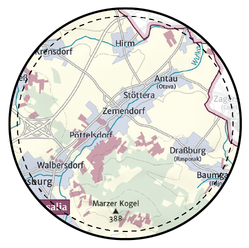 Eine runder Ausschnitt einer Landkarte mit einem schwarzen Rahmen, auf dem Pöttelsdorf zu sehen ist