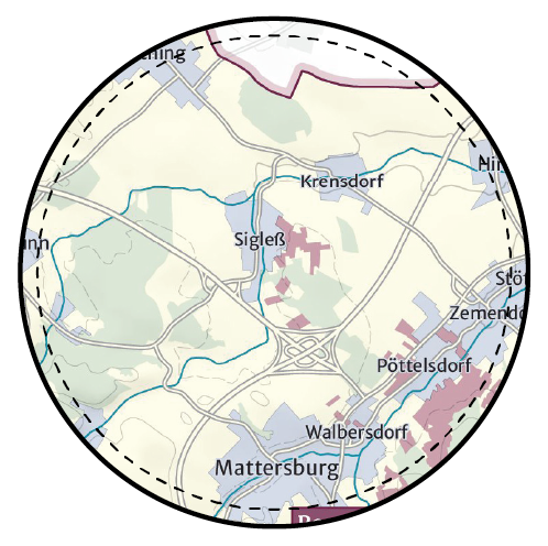 Eine runder Ausschnitt einer Landkarte mit einem schwarzen Rahmen, auf dem Mattersburg zu sehen ist